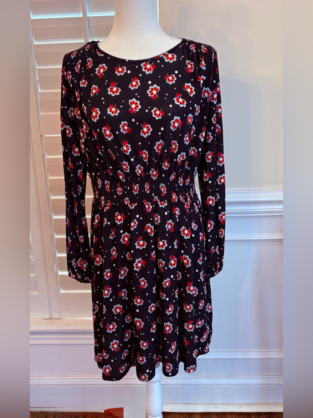 kate spade Navy Red and White Floral Long-Sleeve Smocked Dress